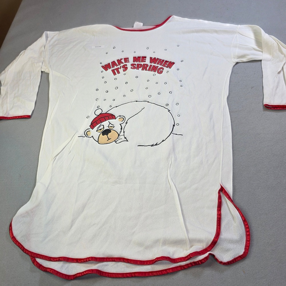 Vintage Wake Me When Its Spring Polar Bear Nightgown White Red OSFA USA Made